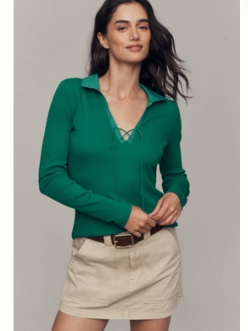 MAEVE TIE-FRONT LONG-SLEEVE TOP - UltraMarine Green